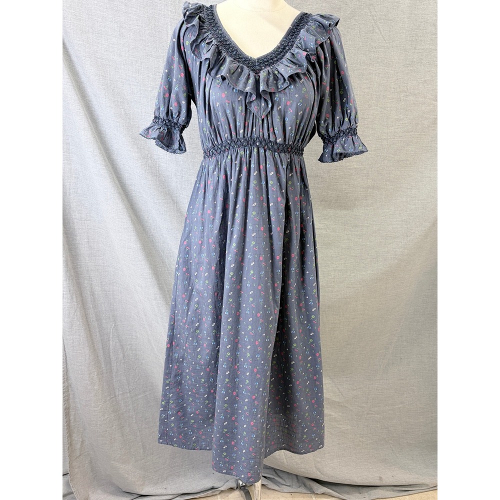 Christy Dawn Organic Cotton Slate Blue Ditsy Floral Shirred Ruffle Midi Dress XS